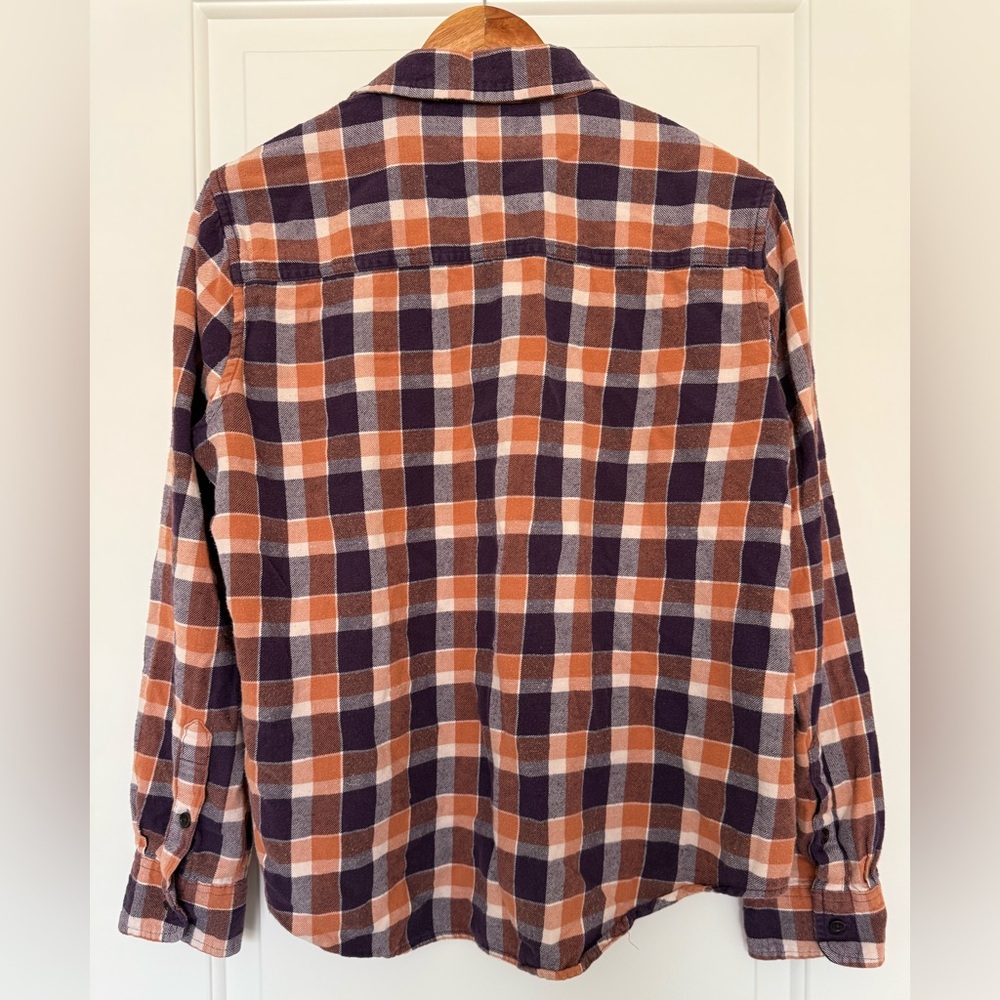Pact Mila Organic Cotton Flannel Plaid Button Down Shirt Orange Purple Large - Picture 3 of 8